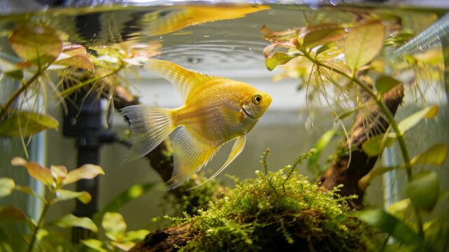 Swimming yellow angelfish seeing ripples rotating flaring fins in tank exploring mossy driftwood