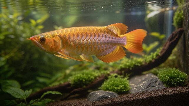 Swimming golden arowana reacting to bubbles while exploring planted tank over driftwood and gravel