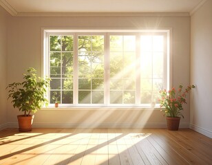 Fototapeta premium Sunlight streams through a large window into a clean, empty room with plants