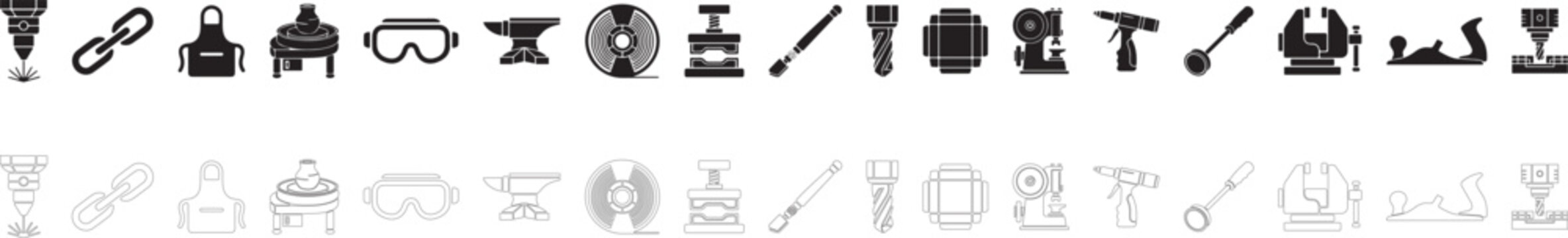 Industrial machinery vector icon set, micro fabrication equipment collection, workshop hardware symbol and custom manufacturing.