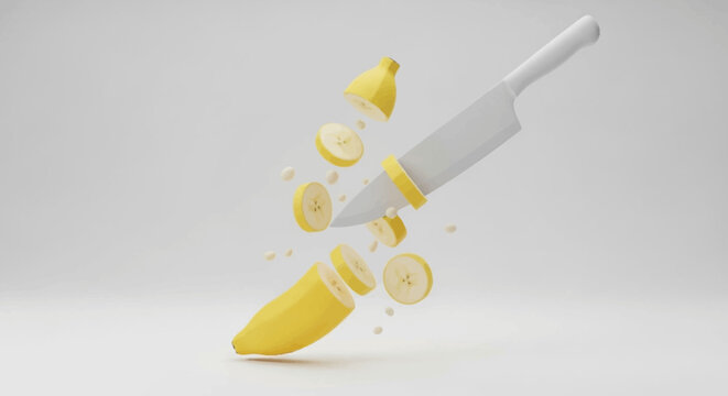 Banana vector slices falling around a white kitchen knife