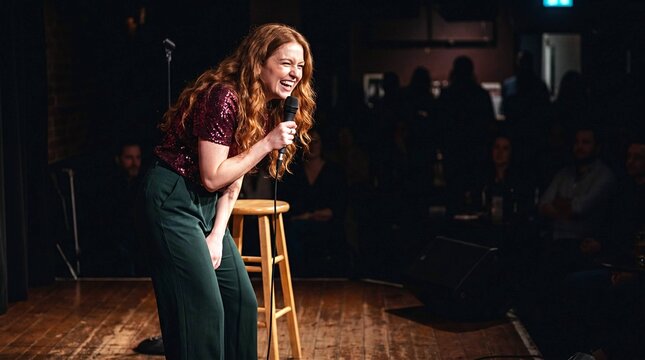 Female Comedian Laughing on Stage with Microphone