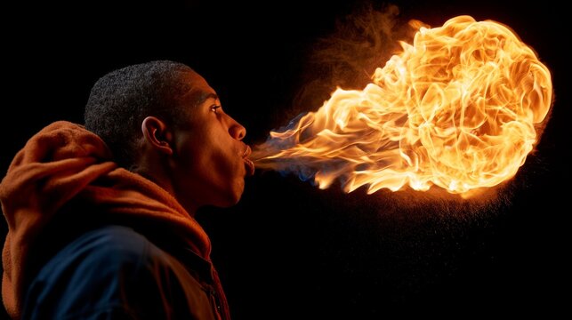 Man exhales a large burst of fire against a dark background
