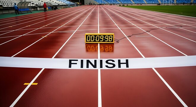 Athletic track finish line with digital timer and clear sky background