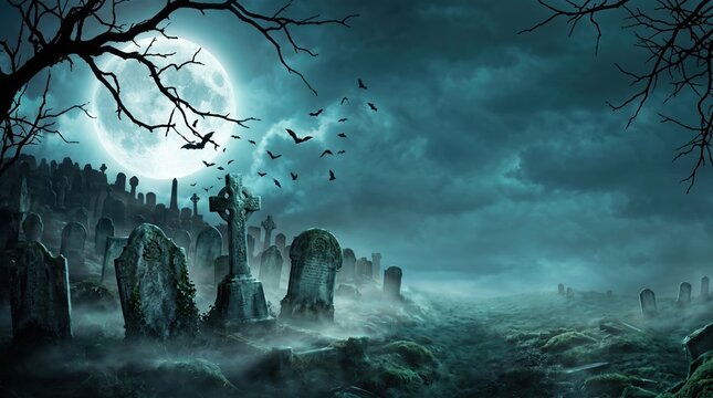 A graveyard is covered in mist at night. The full moon lights up the scene and bats fly among branches. Tombstones stand silently in the cold air