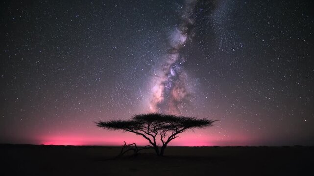 Timer starting dense star field drifting above umbrella tree on plain for recording Milky Way core