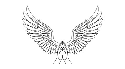 Fototapeta premium Minimalist line art of praying hands with angel wings on white background