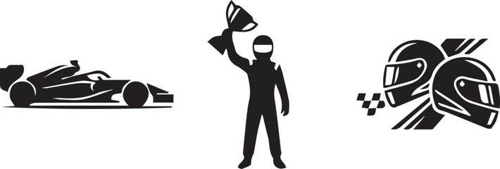 Naklejka premium Formula One Racing Car Driver and Helmets Black Silhouette Set