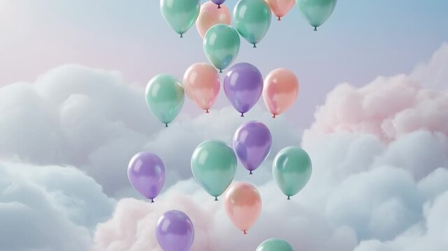 Drifting mint lavender peach balloons dropping through pastel clouds, driven by slight air currents