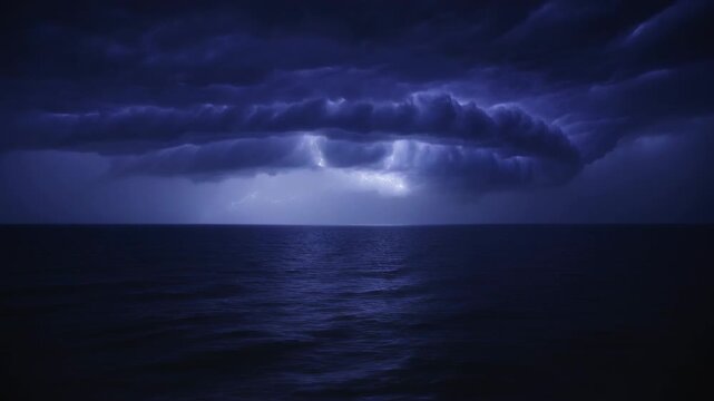 Emitting internal lightning, shelf cloud lighting sea at night, throwing bluish glow, rain shafts