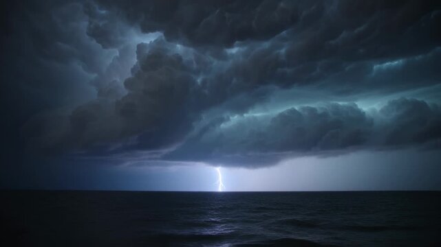 Charging shelf-like storm cloud sending lightning across open ocean at night, reflecting on water