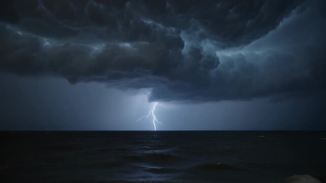 Flashing shelf cloud shifting from faint flash to repeated vertical bolts near horizon over ocean