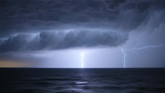 Pulsing shelf cloud after internal flash, producing lightning over open ocean, reflecting waves