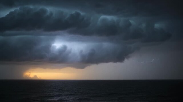 Flashing shelf cloud over ocean horizon, charge building inside and producing right-side bolt