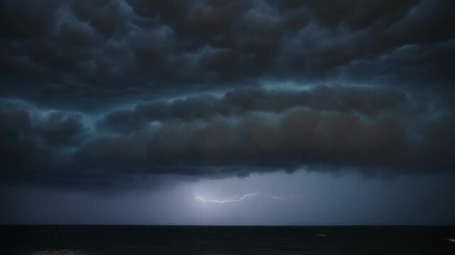 Flashing lightning revealing shelf cloud bank shifting base over ocean, exposing rain curtain, foam