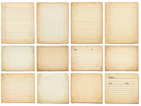 Web  Vintage Notebook Paper Texture Collection with Aged Ruled Lines, Faded Graph Grids and Retro Educational Background Set