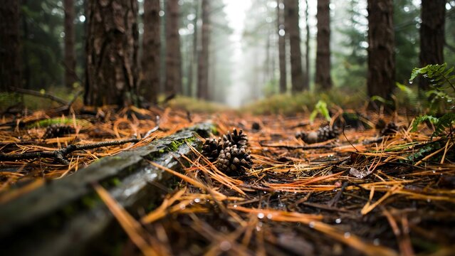 Forest Floor with Pinecones and Fallen Leaves in a Dense Woodland Scene