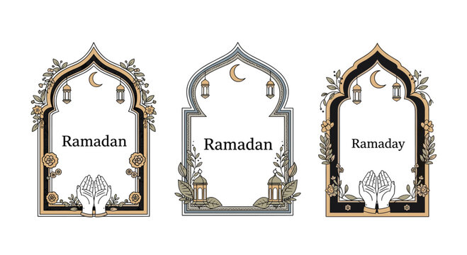 Set of three beautiful ramadan greeting frames featuring praying hands lanterns and floral decorations on a white background for greeting.