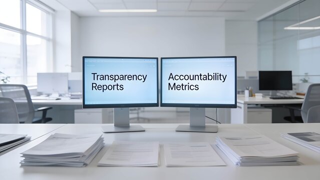 Two computer monitors on a desk in an office displaying 'Transparency Reports' and 'Accountability Metrics'
