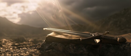 Obraz premium Bible and Sword Representing Faith, Strength and Protection
