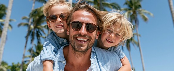 Obraz premium Father and son share joyful moments on a sunny tropical beach with palm trees and clear skies.