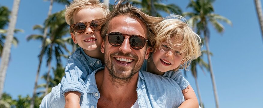 Father and son share joyful moments on a sunny tropical beach with palm trees and clear skies.