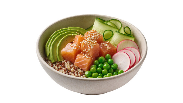 Salmon poke bowl with quinoa avocado cucumber peas, and radish