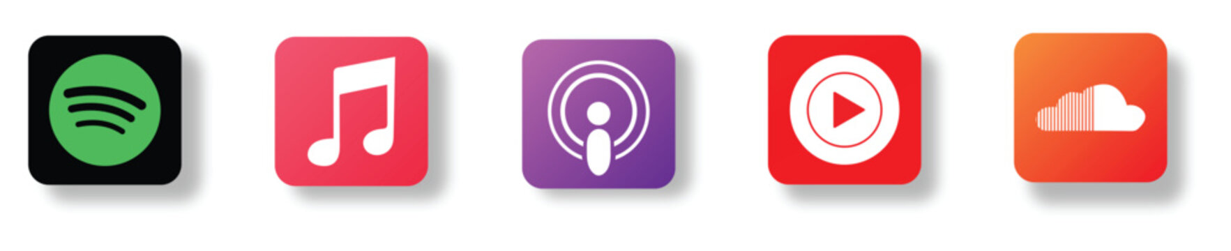 Spotify Apple Music Podcasts YouTube SoundCloud Black and Color App Icons Collection Editorial Vector