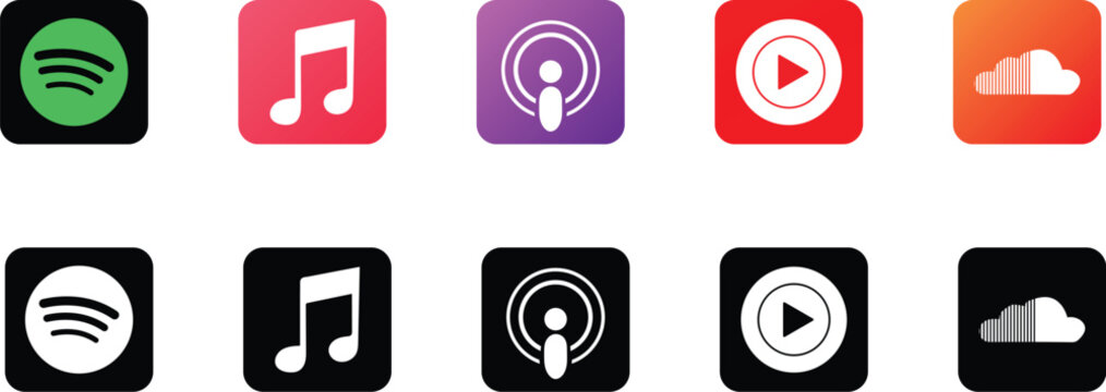 Spotify Apple Music Podcasts YouTube SoundCloud App Icons Set Editorial Vector Illustration