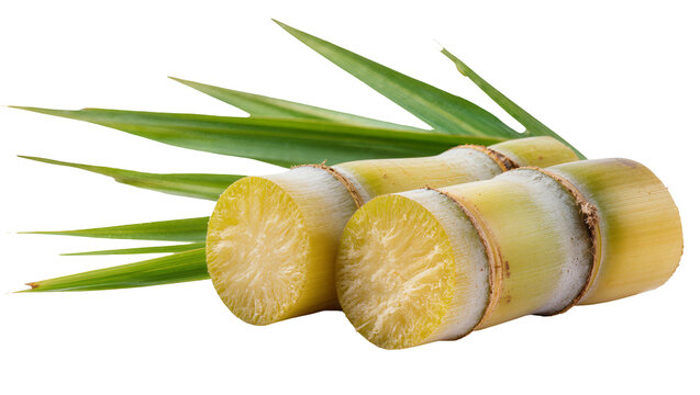 Sugarcane stalks with green leaves, cut ends showing fibrous texture