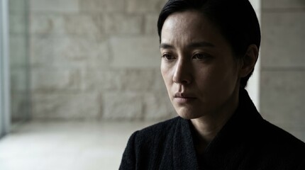 Fototapeta premium Asian woman contemplating biblical events from gospel of Matthew chapter 1. Pensive female figure reflecting on genealogy and divine history. Religious heritage and faith concept.