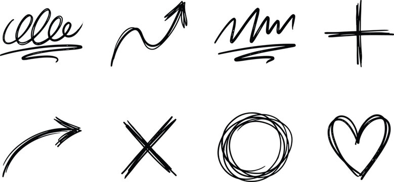 Collection of eight hand-drawn doodle design elements including various arrows, scribbles, and shapes.
