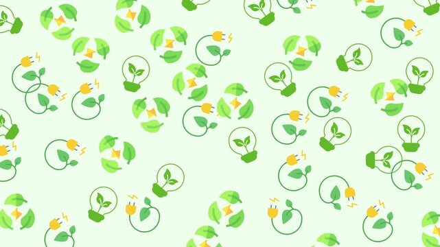 Seamless animated eco friendly pattern featuring green leaves, renewable energy symbols, sustainable technology icons, and environmental conservation concepts on soft background.