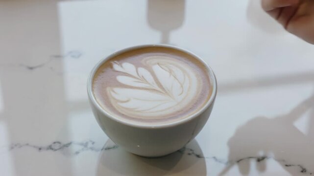 Refining right hand etching rosetta on latte as tool approaches white cup on counter, etching tool