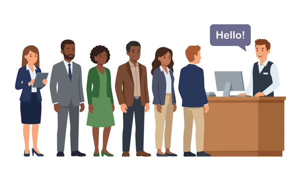 Business people queuing at reception desk