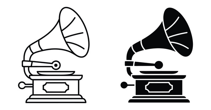 Vintage gramophone icon set, classic phonograph record player with horn and crank, outline and solid black silhouette styles, retro music symbols.