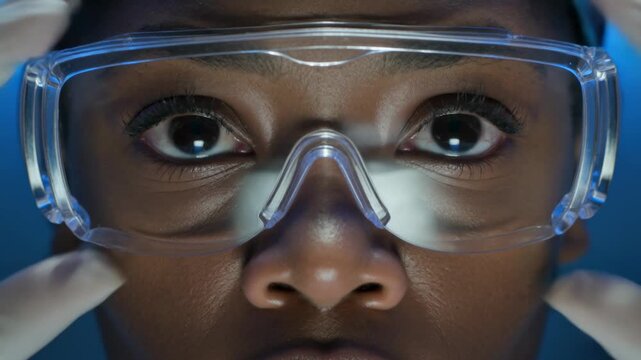 Lab technician adjusting clear goggles in lab before procedure with gloved hands and scrub cap