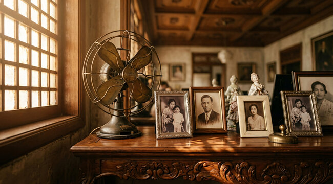 Vintage electric fan beside framed family portraits and heirloom d&eacute;cor in a warm traditional Filipino home