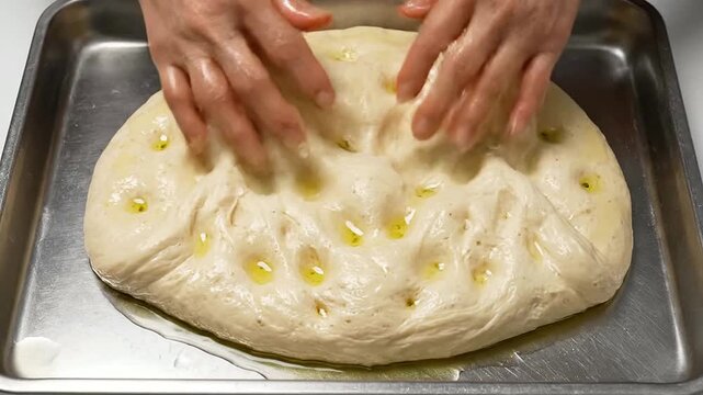 POV Shot Of Hands Dimpling And Folding High-Hydration Focaccia Dough On A Baking Tray In A Culinary Environment