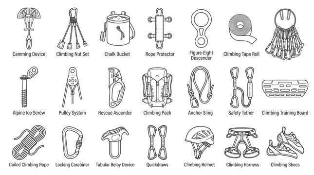 Climbing Gear Illustration: A comprehensive set of line art illustrations depicting various essential equipment for rock climbing and mountaineering, including harnesses, ropes, helmets.