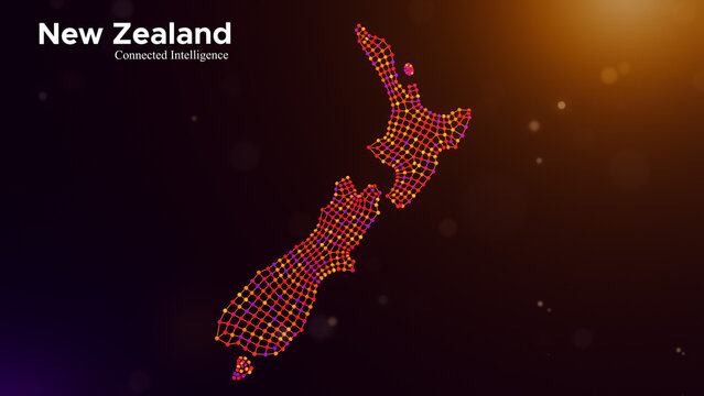 New Zealand connected intelligence concept featuring a digital node network map and modern typography on a vibrant purple orange technology background with glowing bokeh lights.