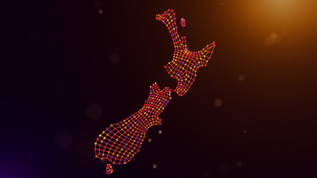 Abstract New Zealand map formed by wavy interconnected nodes and network lines over a glowing purple orange bokeh background, symbolizing digital infrastructure and intelligent connectivity.