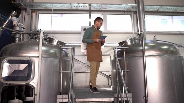 Brewmaster controlling the beer fermentation process in a craft brewery