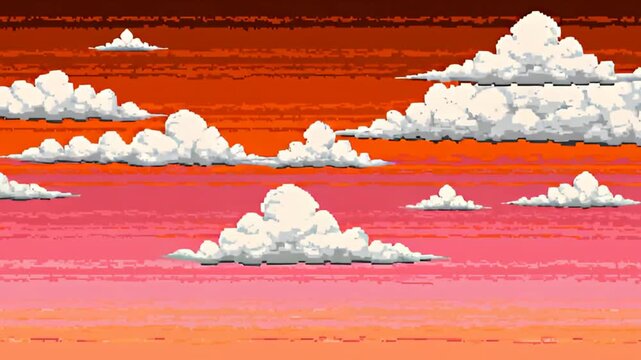 Retro pixel art sunset sky with drifting white clouds