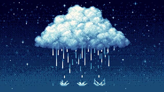 Pixel art animation of a rainy cloud under a starry night sky