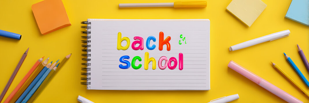 Composici&oacute;n Plana de Regreso a Clases con Libreta de Espiral y L&aacute;pices de Colores sobre Fondo Amarillo Brillante