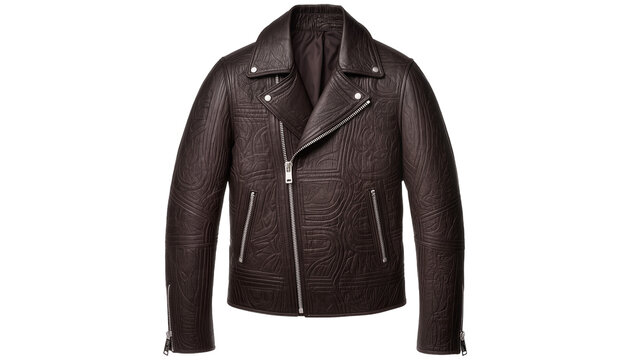 Brown embossed leather biker jacket with silver zippers