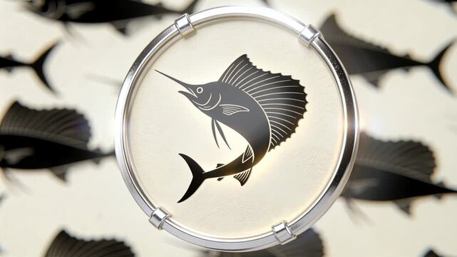 Playback rotating clamped rim glass disk growing sailfish emblem in studio with flare for emphasis