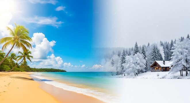 Contrast between tropical beach and snowy forest landscape