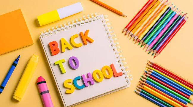 Composici&oacute;n Plana de Regreso a Clases con Libreta de Espiral y L&aacute;pices de Colores sobre Fondo Amarillo Brillante